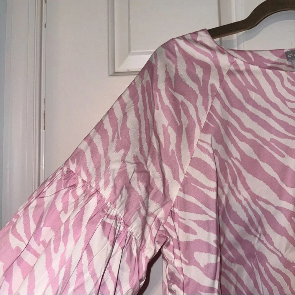 Chico's Light Pink white zebra print balloon sleeve midi dress L 12/14 - Picture 9 of 16